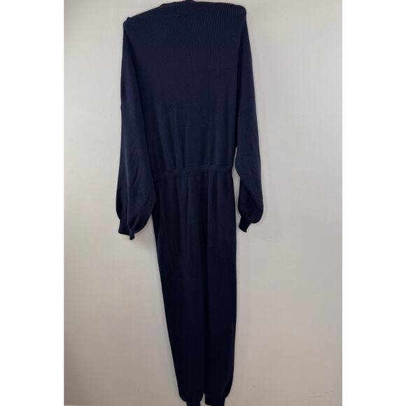 ZARA Navy Blue Jumpsuit Ribbed Knit Wrap V-Neck Casual Drop Shoulder M Medium - Picture 5 of 9